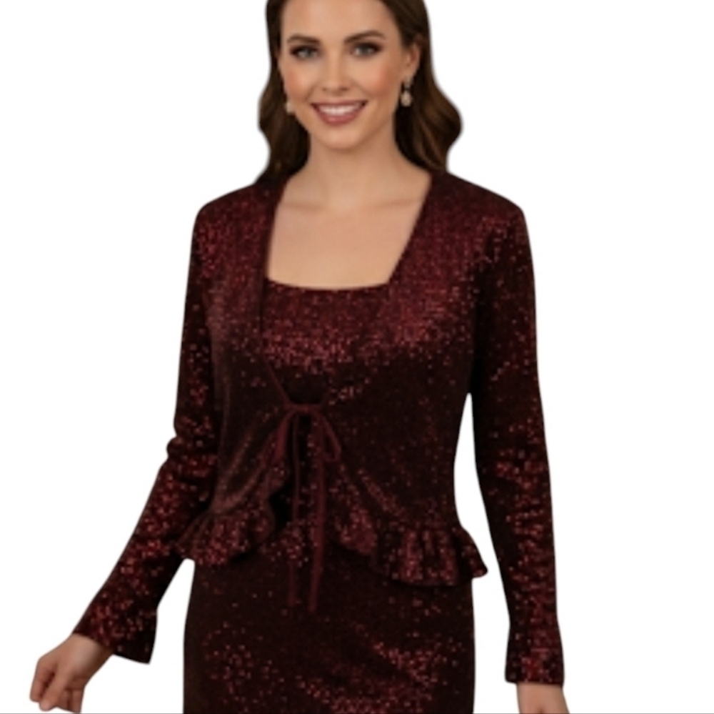 R & K Evening 2 Piece Set Dinner Jacket & Tank Red Metallic Sequin Top